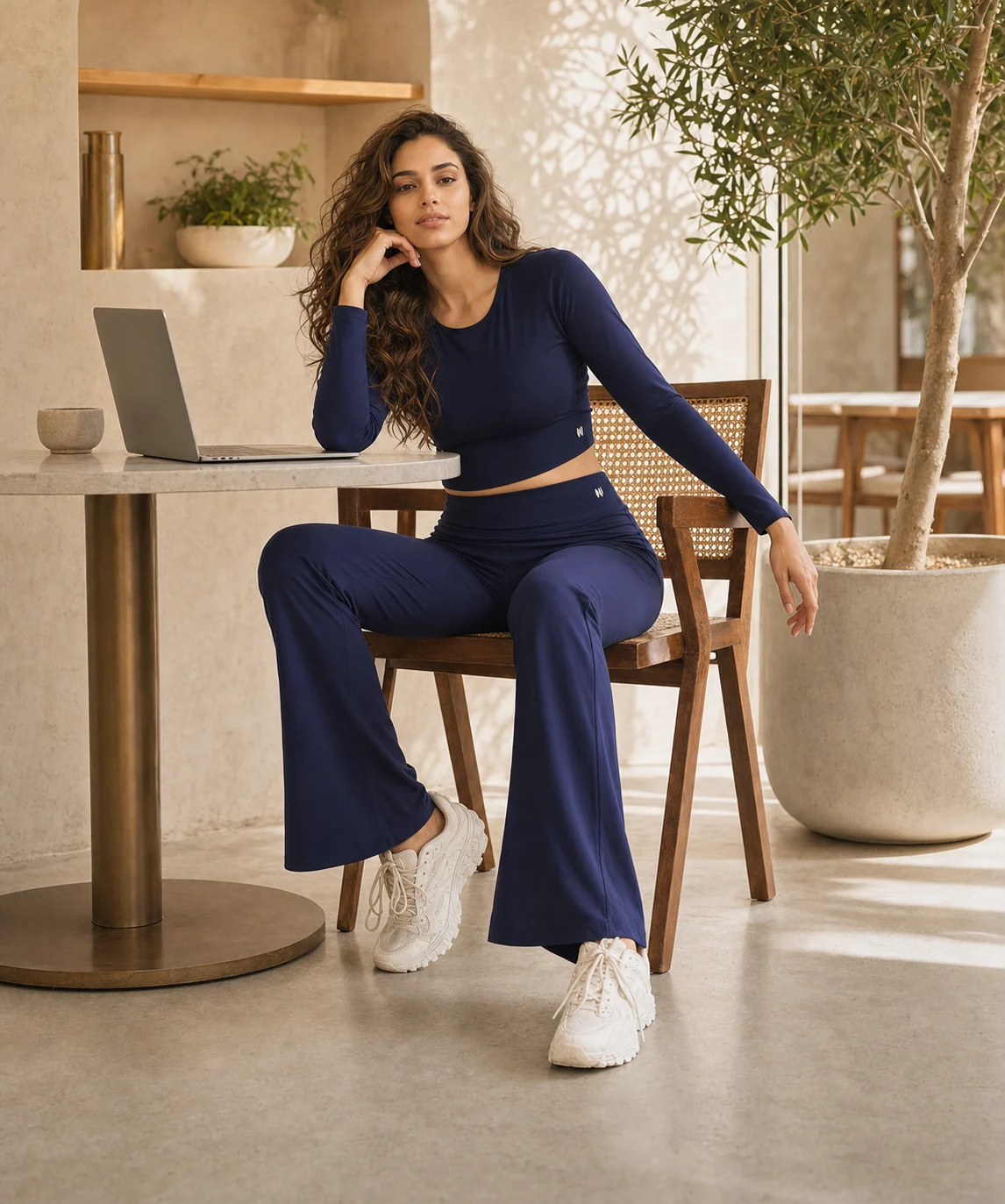 YellowCrop navy set styled at a cafe