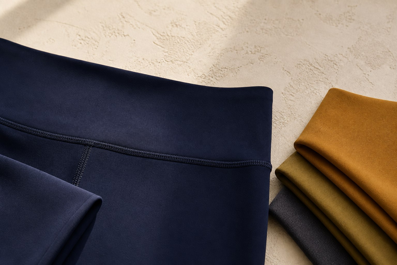 Close view of YellowCrop matte fabric, waistband construction, and tonal seams